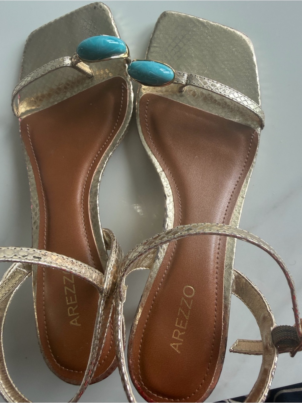 Arezzo Sofia Mid Stiletto Sandals 6.5B Gold Snake Print Turquoise Accent